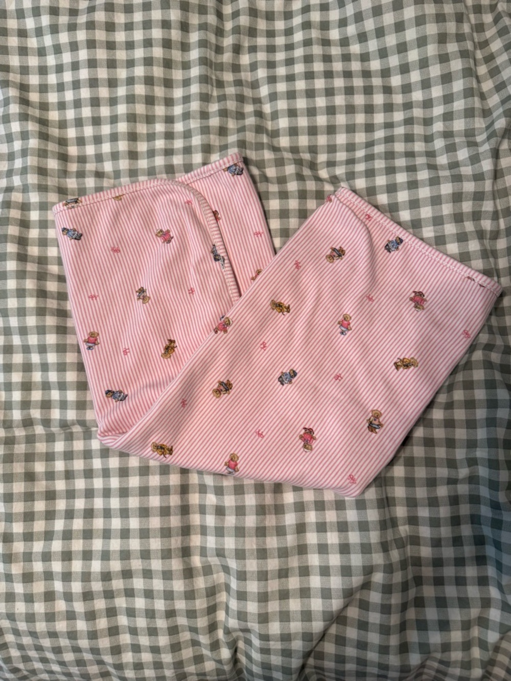 Baby Pink Ralph Lauren Striped Baby Blanket with Teddy Bear Print
